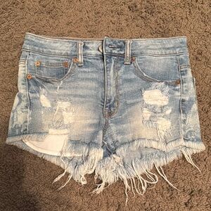 American Eagle Outfitters Blue Jean Shorts with Distressing and Frayed Hem